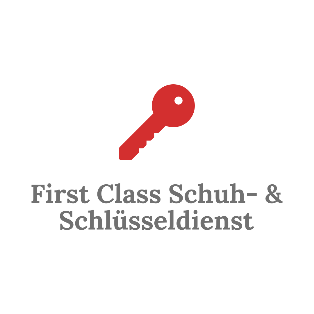 Logo des First Class Schuh- und Schlüsselservices mit einem roten Schlüssel und Schriftzug.